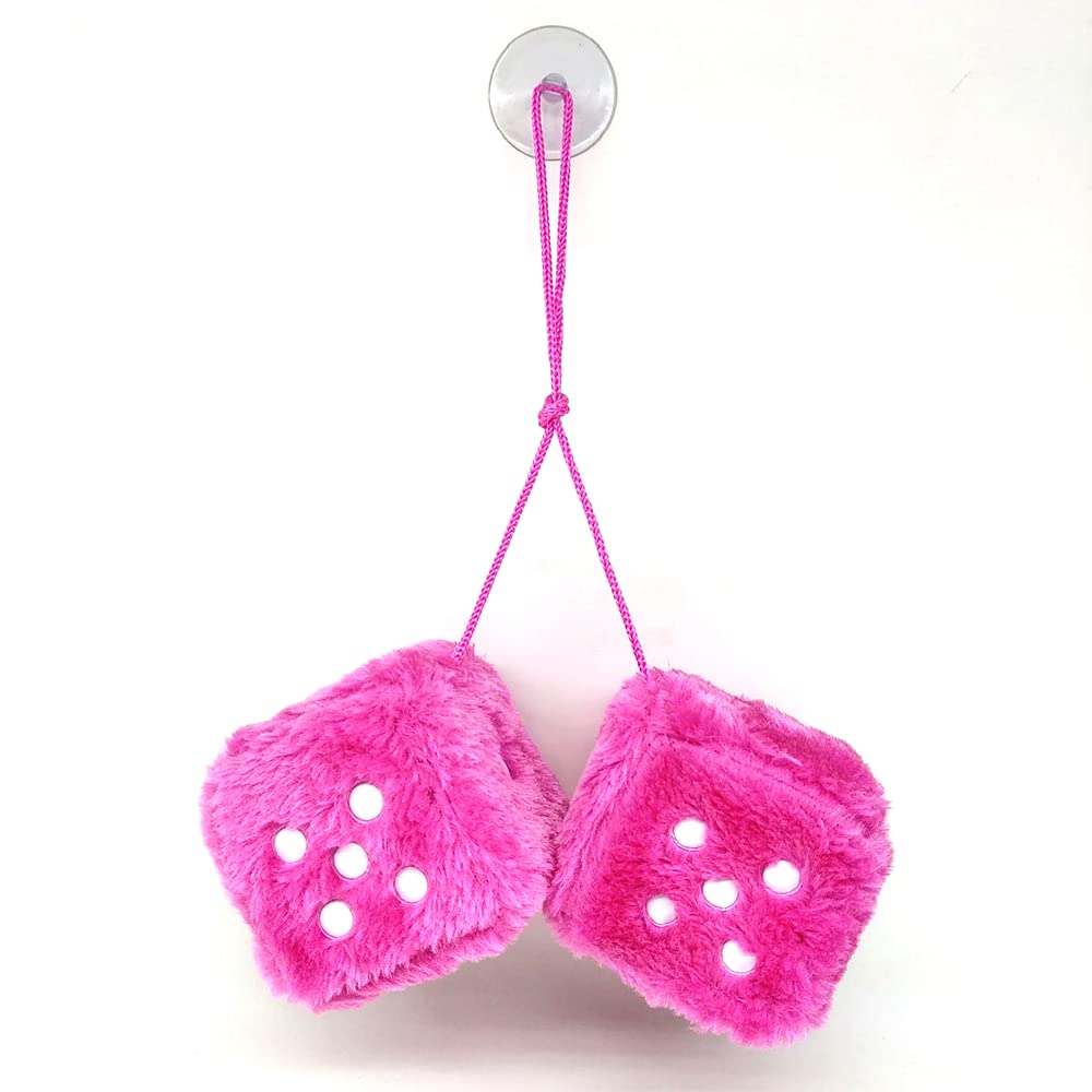 Fuzzy Plush Dice Pair for Car Mirror, Retro 3” Pink Dice - CarsBling - Best Car Gifts & Accessories