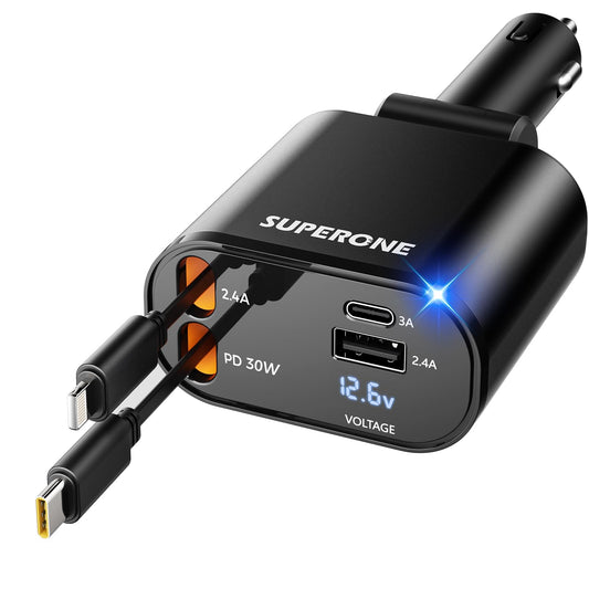 SUPERONE Retractable Car Charger 4 in 1: Fast Charging Solution for Your Devices - CarsBling - Best Car Gifts & Accessories