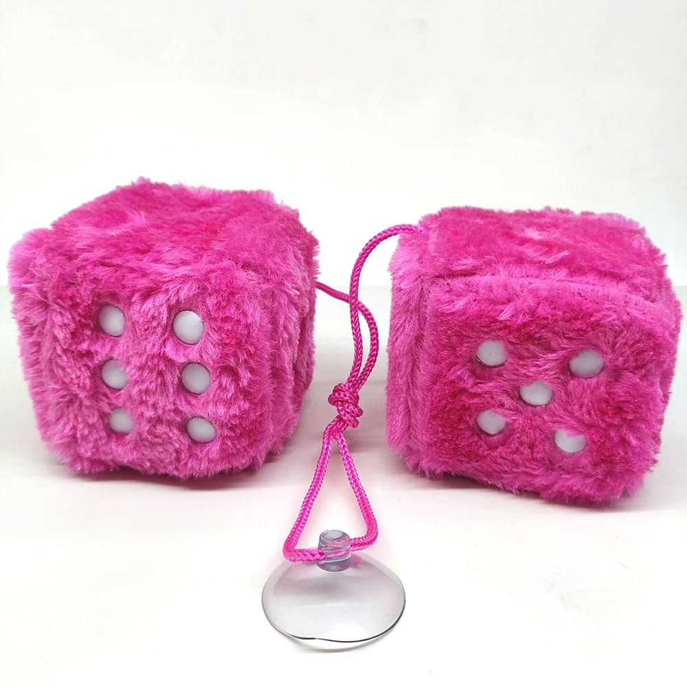 Fuzzy Plush Dice Pair for Car Mirror, Retro 3” Pink Dice - CarsBling - Best Car Gifts & Accessories