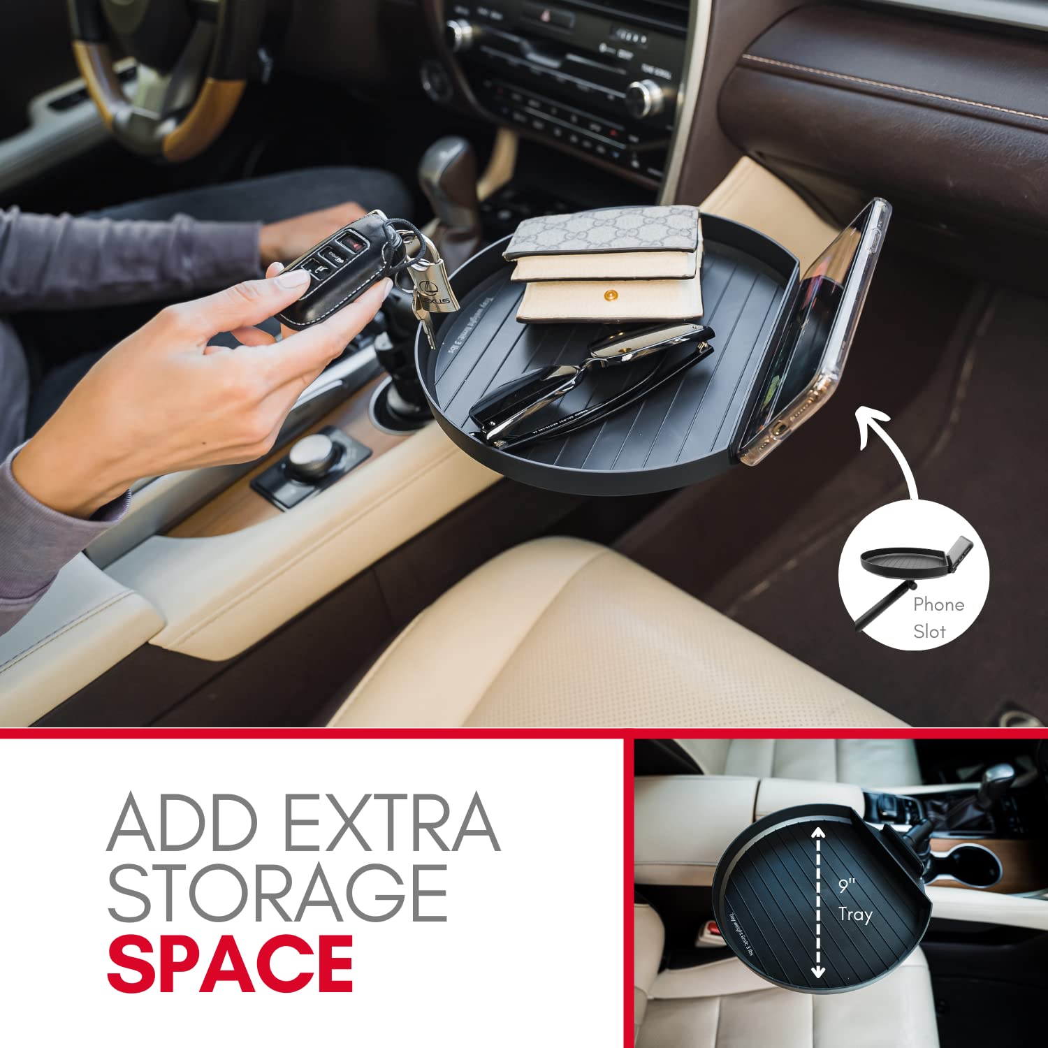 Cup Holder Tray- Adjustable Car Food Tray with Phone Slot - CarsBling - Best Car Gifts & Accessories