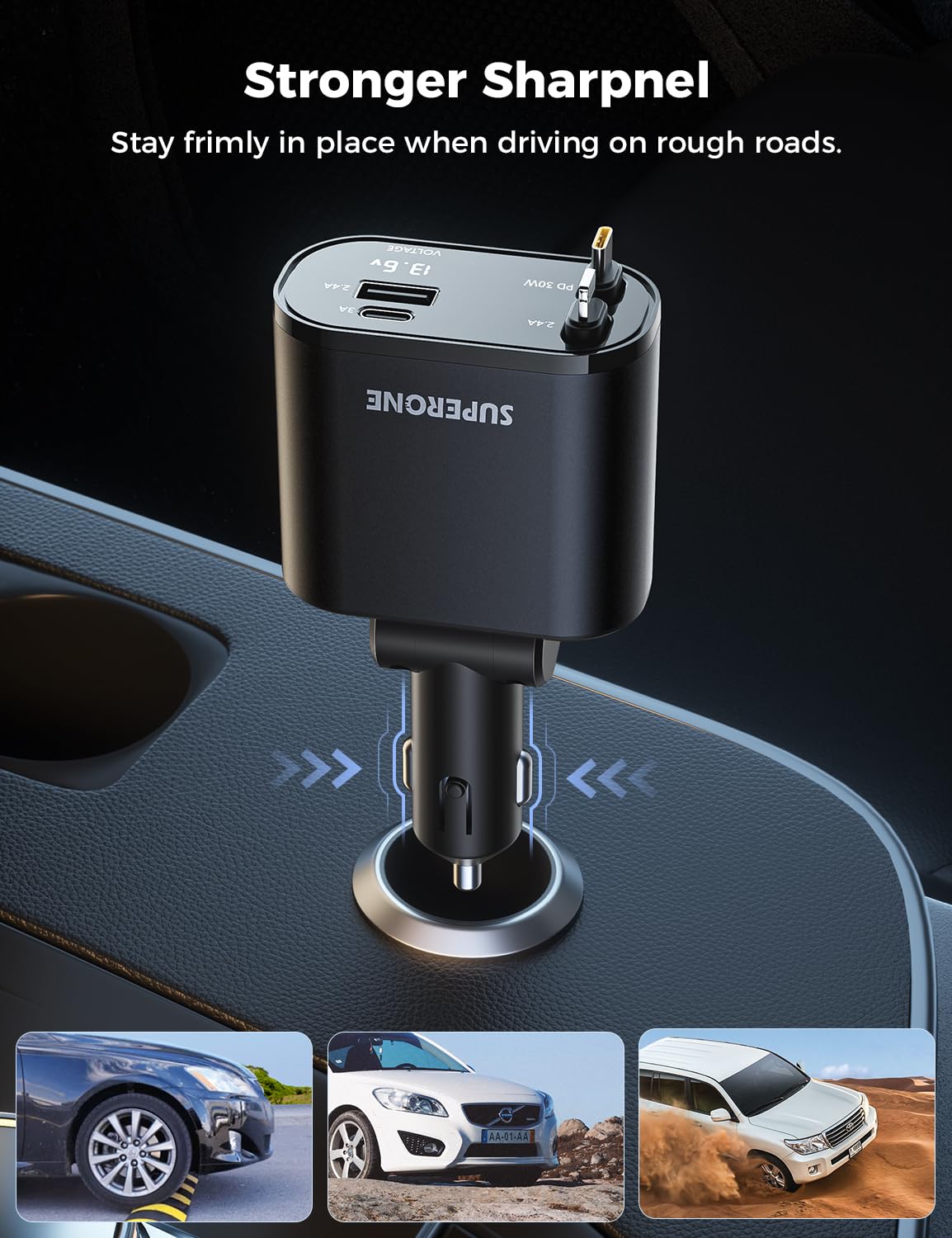 SUPERONE Retractable Car Charger 4 in 1: Fast Charging Solution for Your Devices - CarsBling - Best Car Gifts & Accessories
