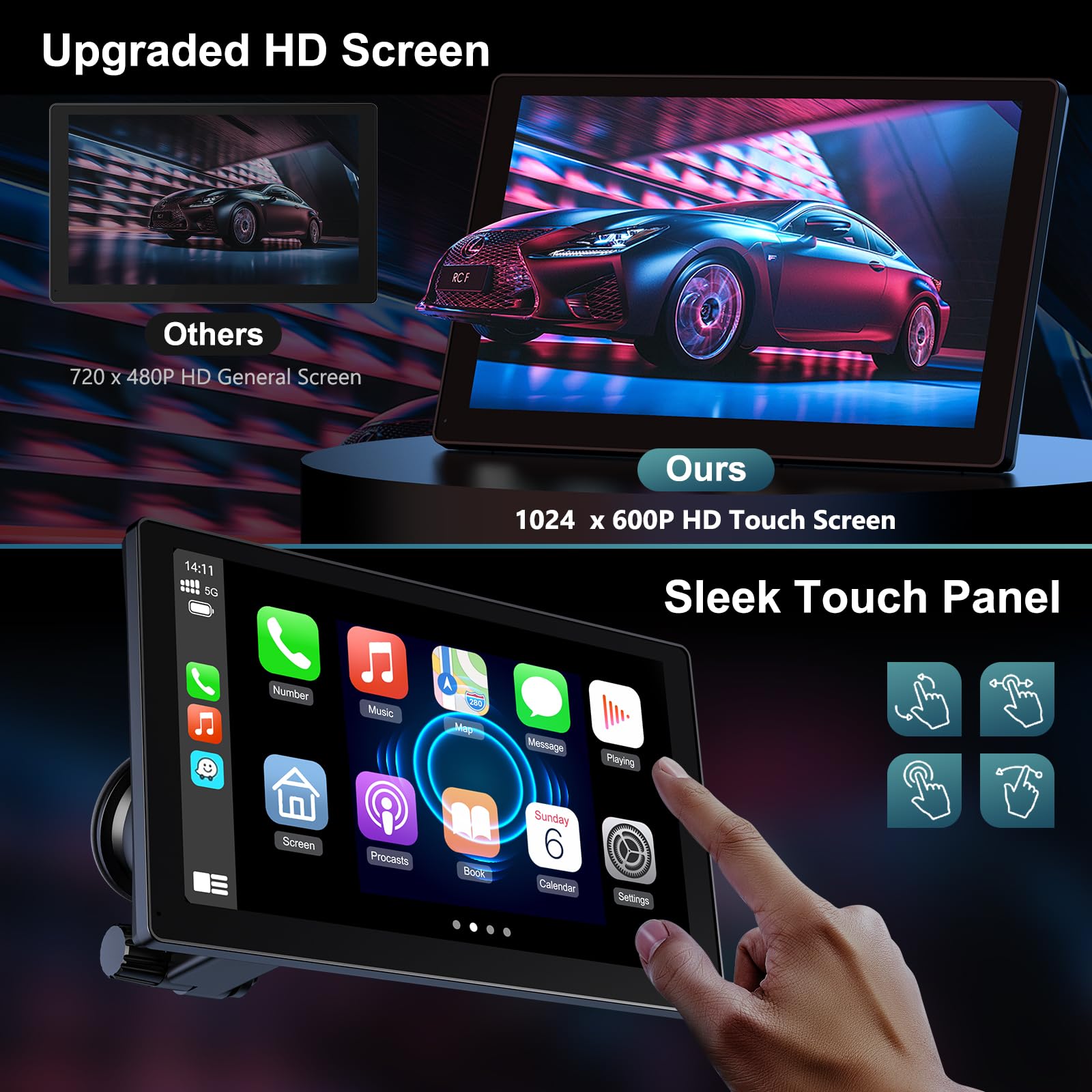 Portable 9in Wireless Apple Carplay and Android Auto Touch Screen with 4K Dash Cam - CarsBling - Best Car Gifts & Accessories