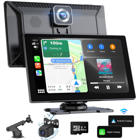 Portable 9in Wireless Apple Carplay and Android Auto Touch Screen with 4K Dash Cam - CarsBling - Best Car Gifts & Accessories