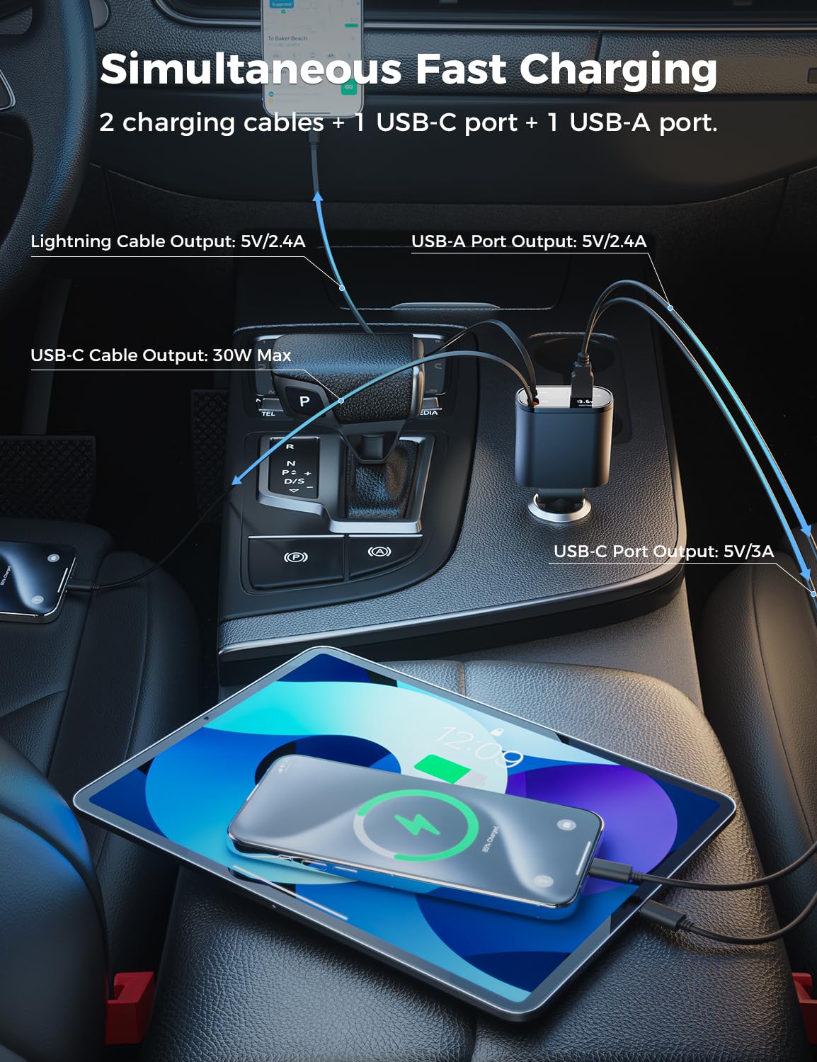 SUPERONE Retractable Car Charger 4 in 1: Fast Charging Solution for Your Devices - CarsBling - Best Car Gifts & Accessories
