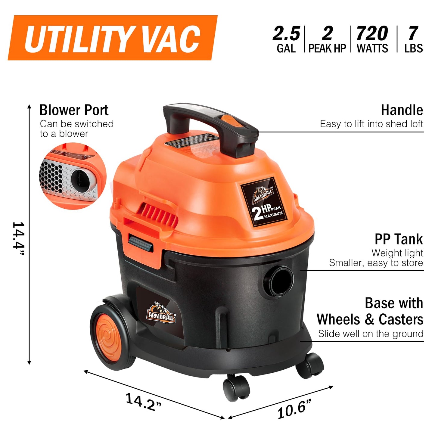 2.5 Gallon Utility Wet/Dry Car Vac, Orange - CarsBling - Best Car Gifts & Accessories