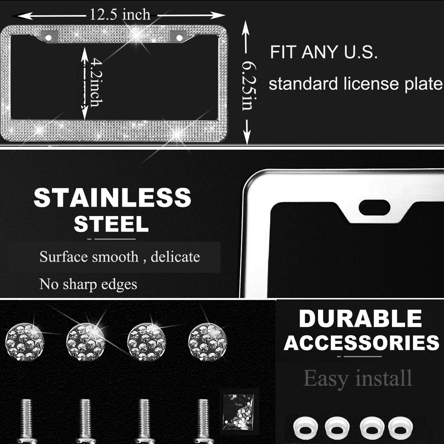 Rhinestone License Plate Frames, 2 Pack with Ribbon Gift Box - CarsBling - Best Car Gifts & Accessories