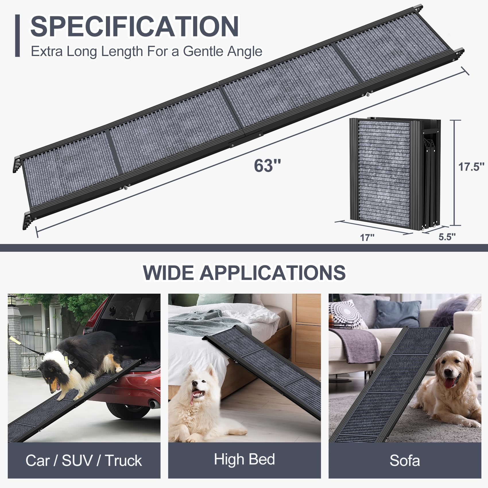 Folding Portable Dog Ramp for Car, 63" Long & 17" Wide - CarsBling - Best Car Gifts & Accessories