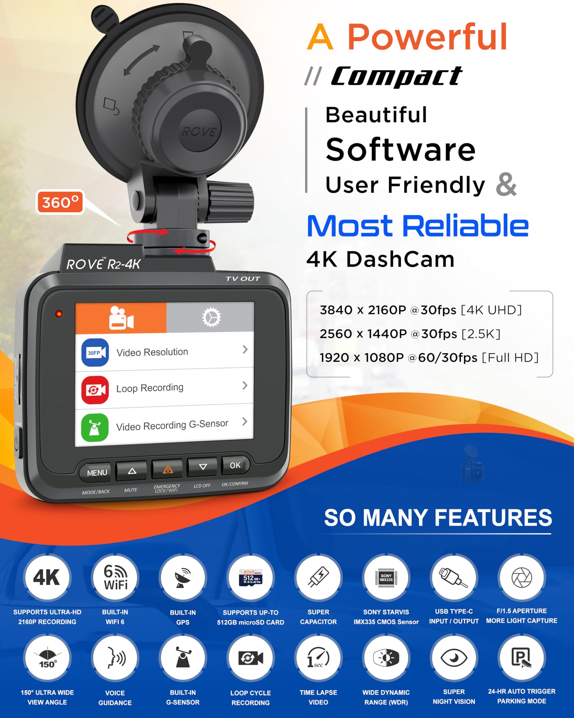 R2-4K Dash Cam Built-in WiFi GPS Car Dashboard Camera Recorder - CarsBling - Best Car Gifts & Accessories