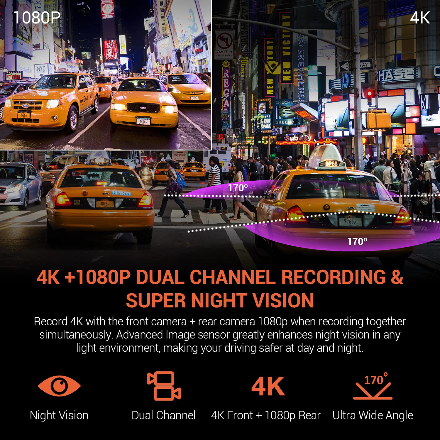 4K Car Front Dash Cam + Rear Wi-Fi 170° Wide Angle Rear Cam - CarsBling - Best Car Gifts & Accessories
