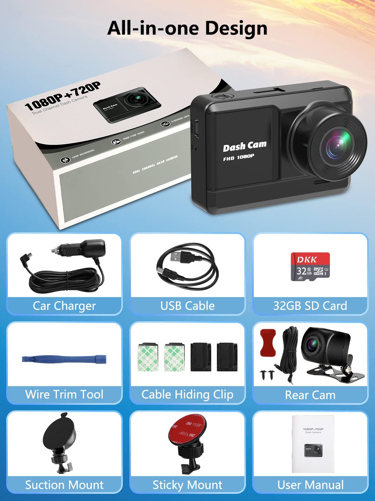Front and Rear Mini Dash Cam 1080P Full HD with 32GB SD Card
