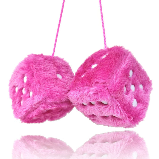 Fuzzy Plush Dice Pair for Car Mirror, Retro 3” Pink Dice
