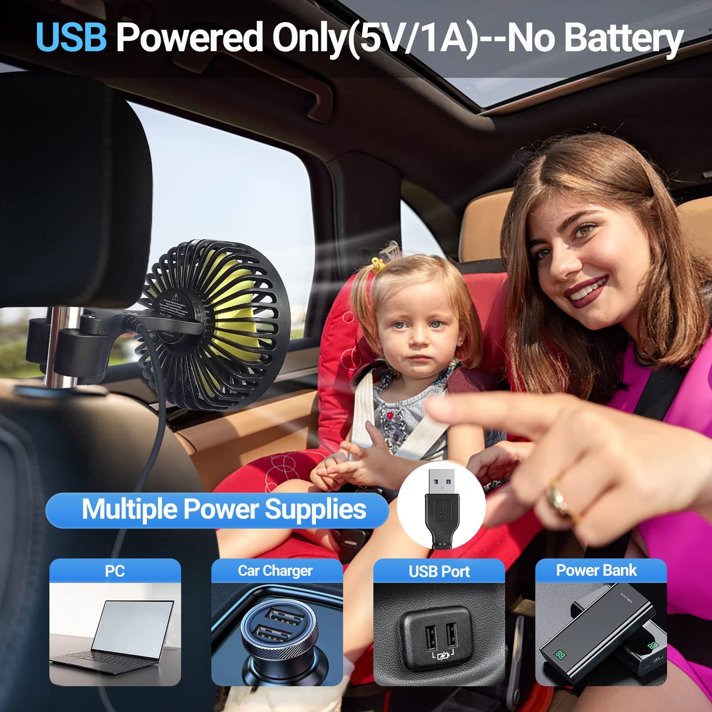 USB Car Seat Fans for Backseat Baby, Electric Cooling Fan