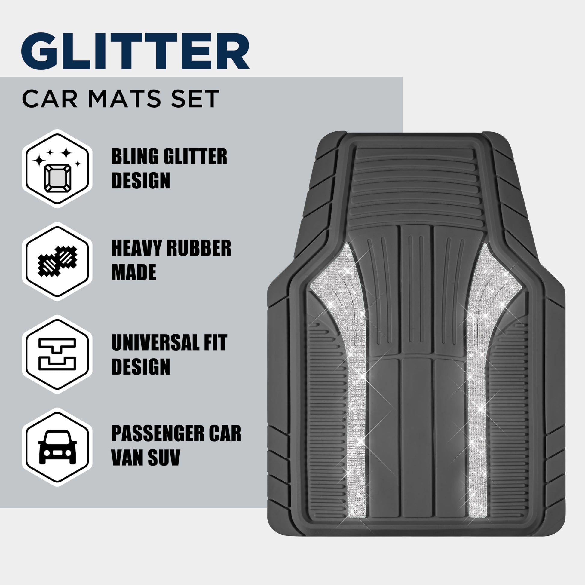 Sparkly Glitter Gray Car Mats Set - CarsBling - Best Car Gifts & Accessories